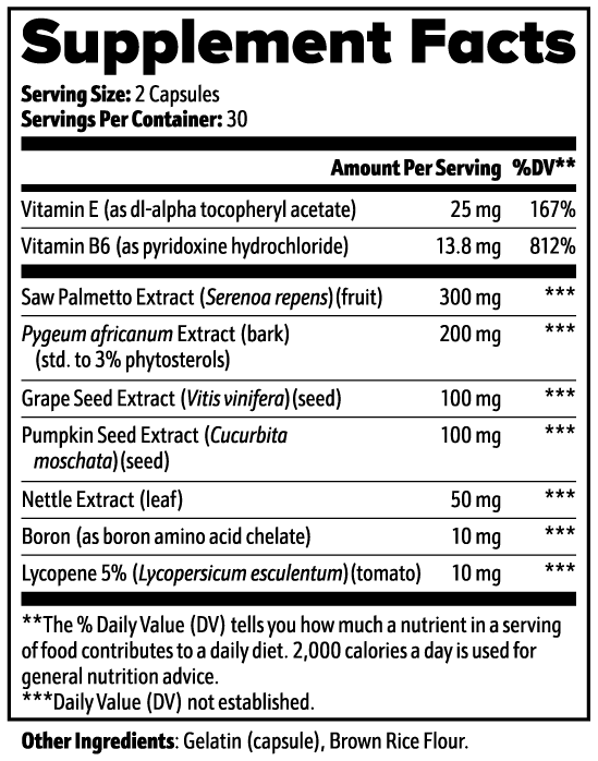 Men's Prostate Health Pills - Natural Ingredients - Saw Palmetto, Lycium Fruit Vitamin E & B6 - Urinary Function & Health