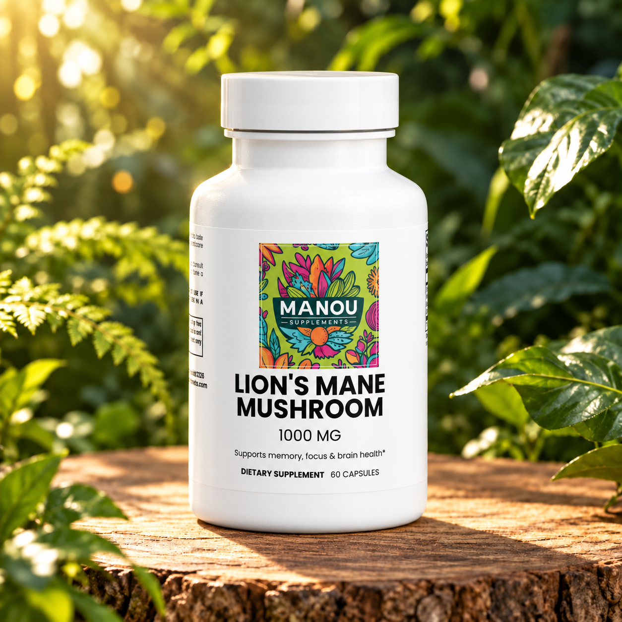 Lion's Mane Mushroom—the clinically-studied nootropic that sharpens focus, supports neuron growth, and fuels holistic energy without the jitters. in a botanical setting