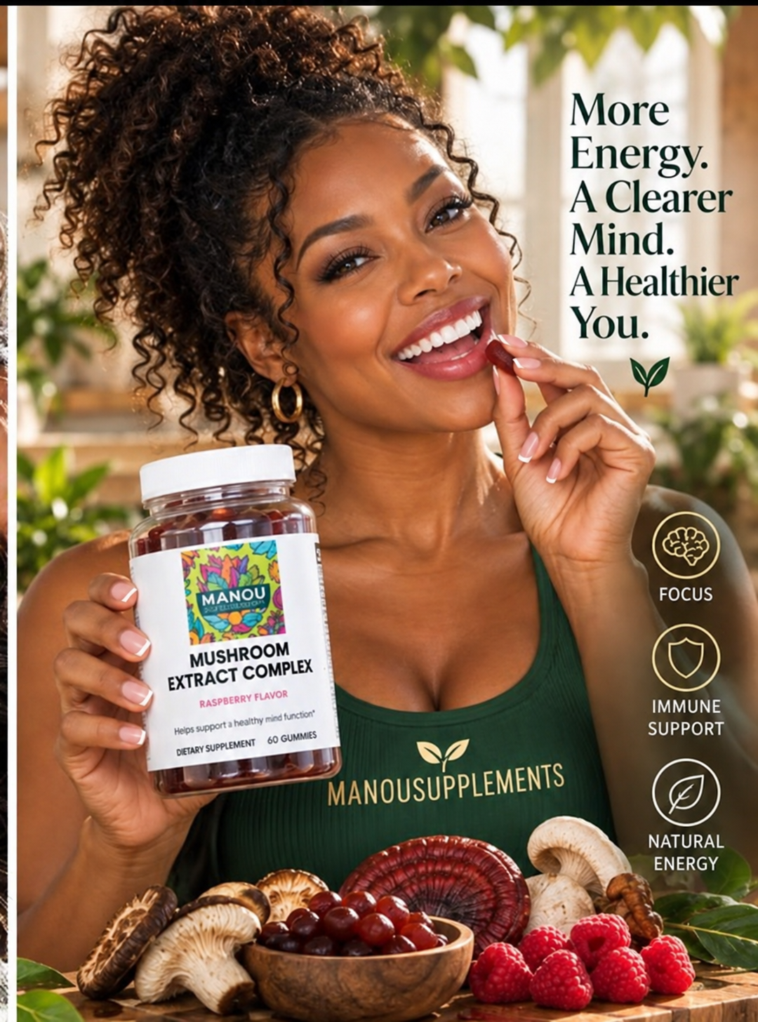 Woman enjoying Manou Mushroom Extract Complex gummies
