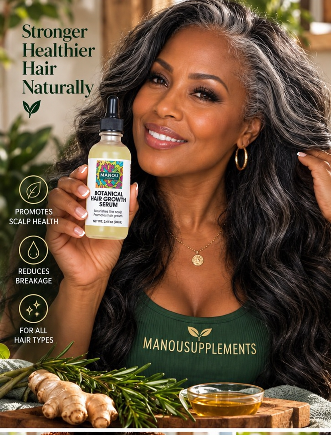 Woman holding Manou Botanical Hair Growth Serum