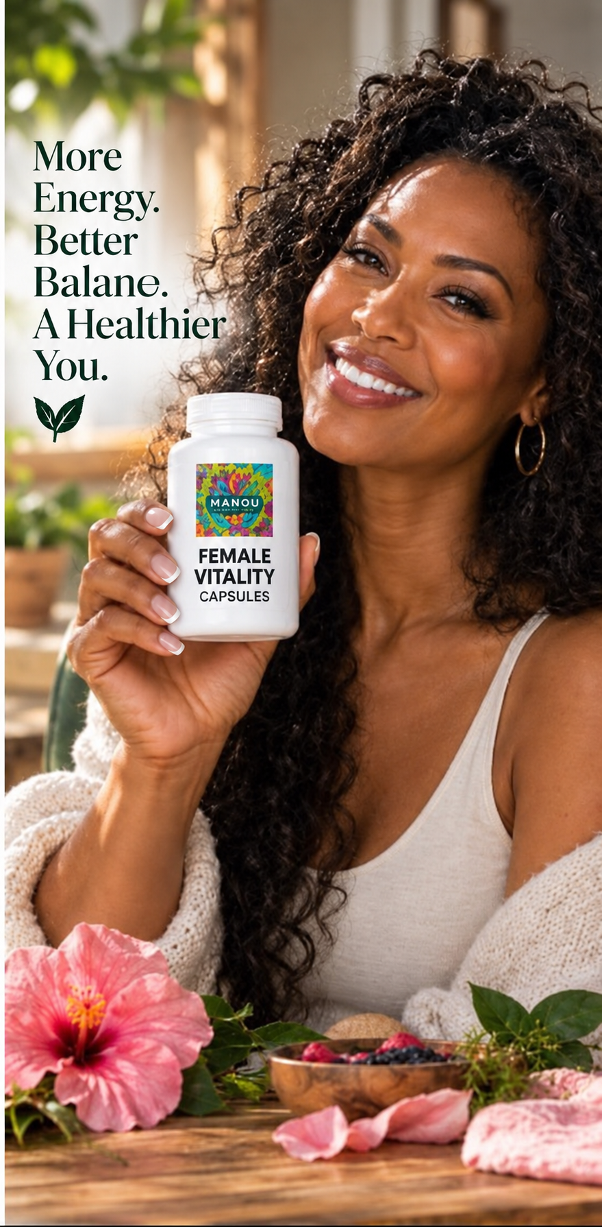 Woman holding Manou Female Vitality capsules