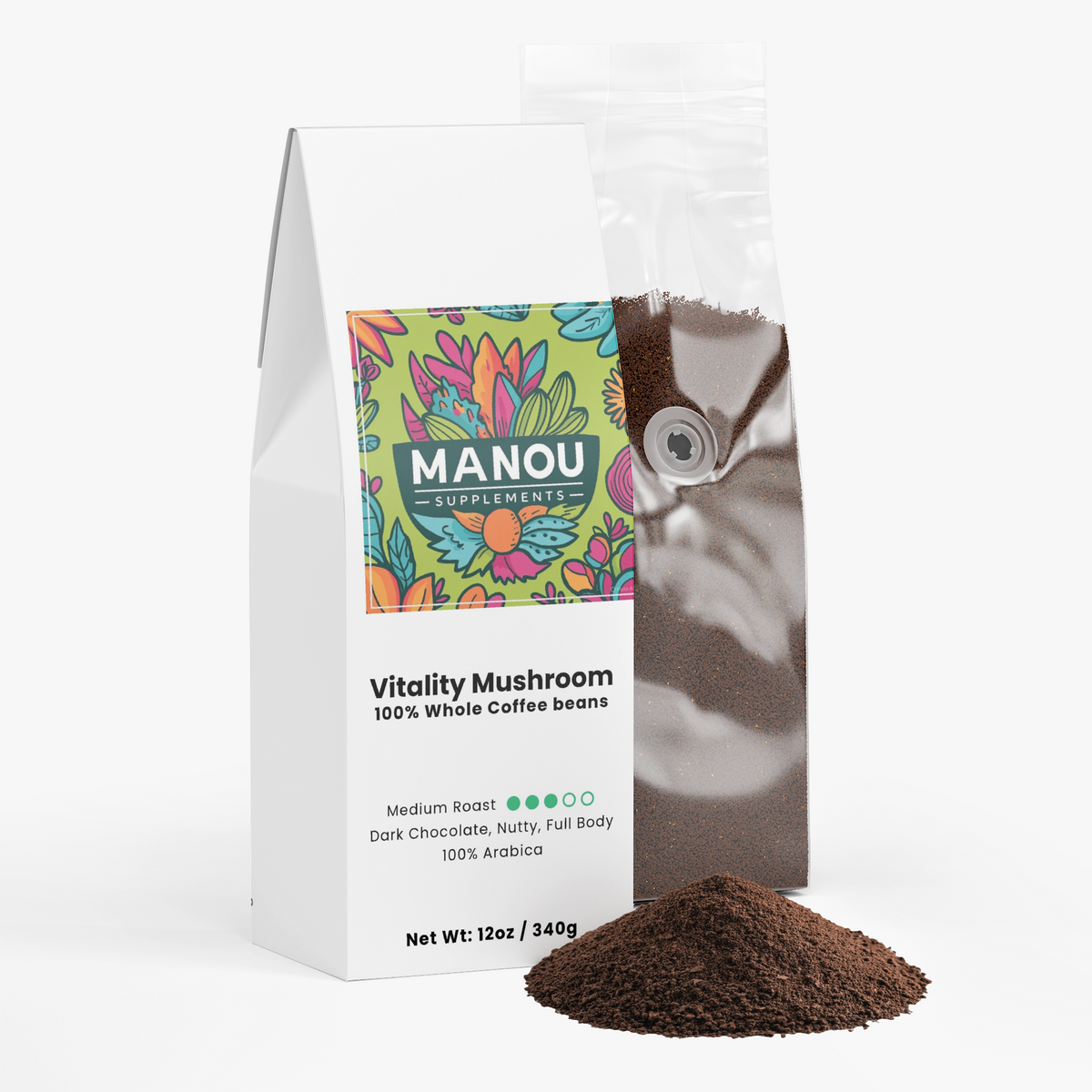 Organic Mushroom Coffee Medium Roast with Lion's Mane and Chaga for Clean Energy Mental Clarity and Smooth Chocolate Flavor