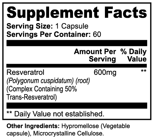Resveratrol 50% 600mg Trans-Resveratrol Anti-Aging Antioxidant Capsules 60ct