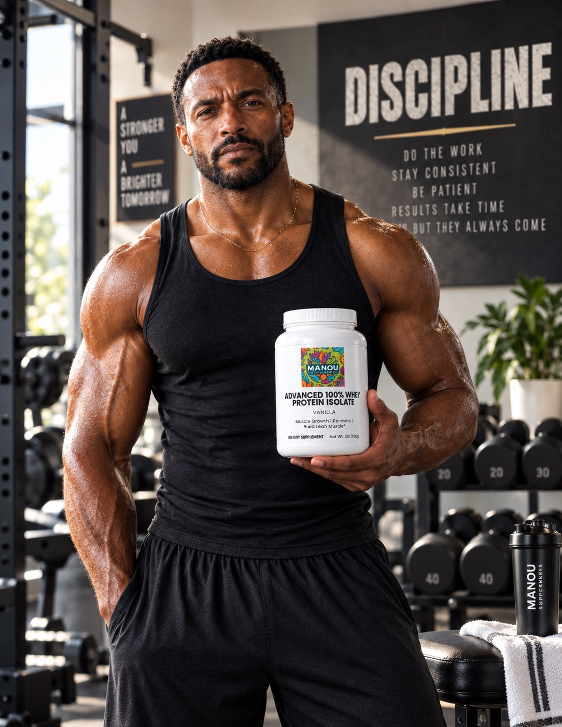 Athlete holding Manou whey protein