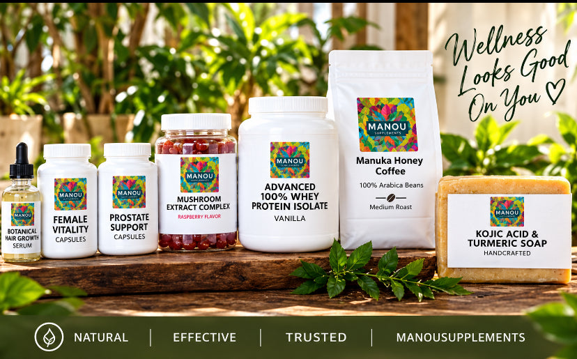 Manou supplements, coffee and botanical care in a sunlit product lineup