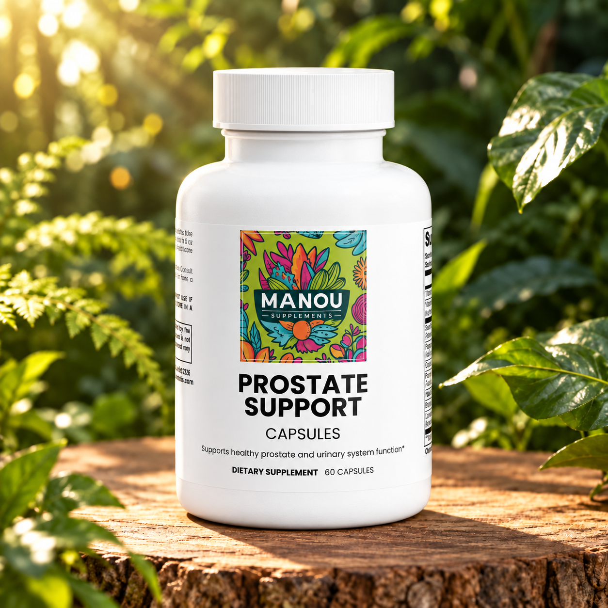 Men's Prostate Health  - Prostate Support Supplement for Men, Advanced Urinary Tract Health, Bladder Control and Comfort Pills with Lycium Fruit. in a botanical setting