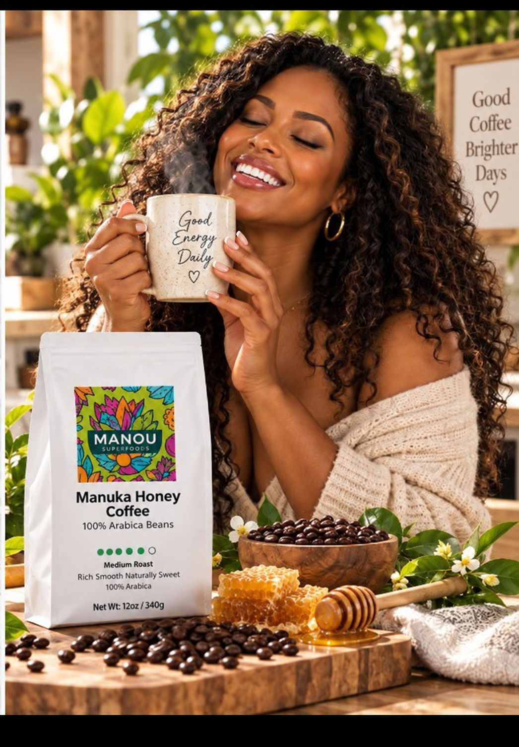Woman enjoying Manou Manuka Honey Coffee